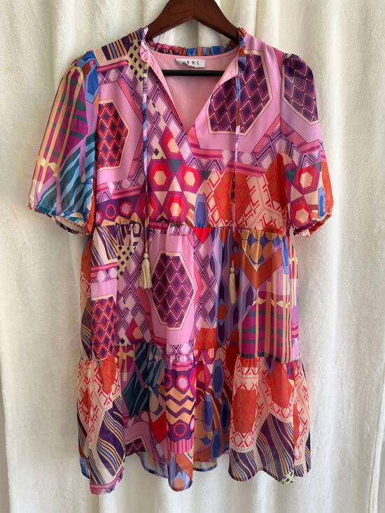 THML Dresses & Skirts - THML Anthropologie Abstract Short Sleeve Dress Small Tiered Skirt